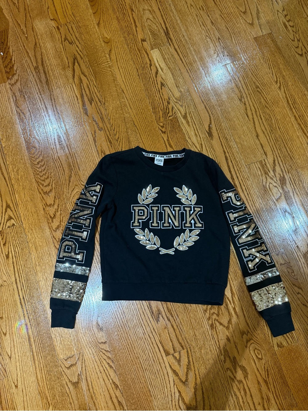 Victoria's Secret PINK Black Sweatshirt with Gold Sequin Accents